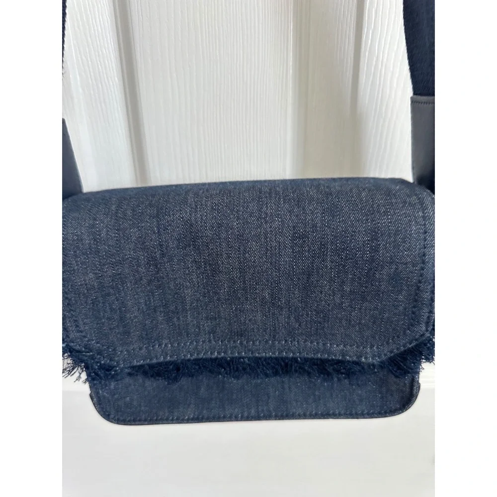Charles & Keith Denim Crossbody Bag Dark Wash Frayed Fringe Faux Leather Trim